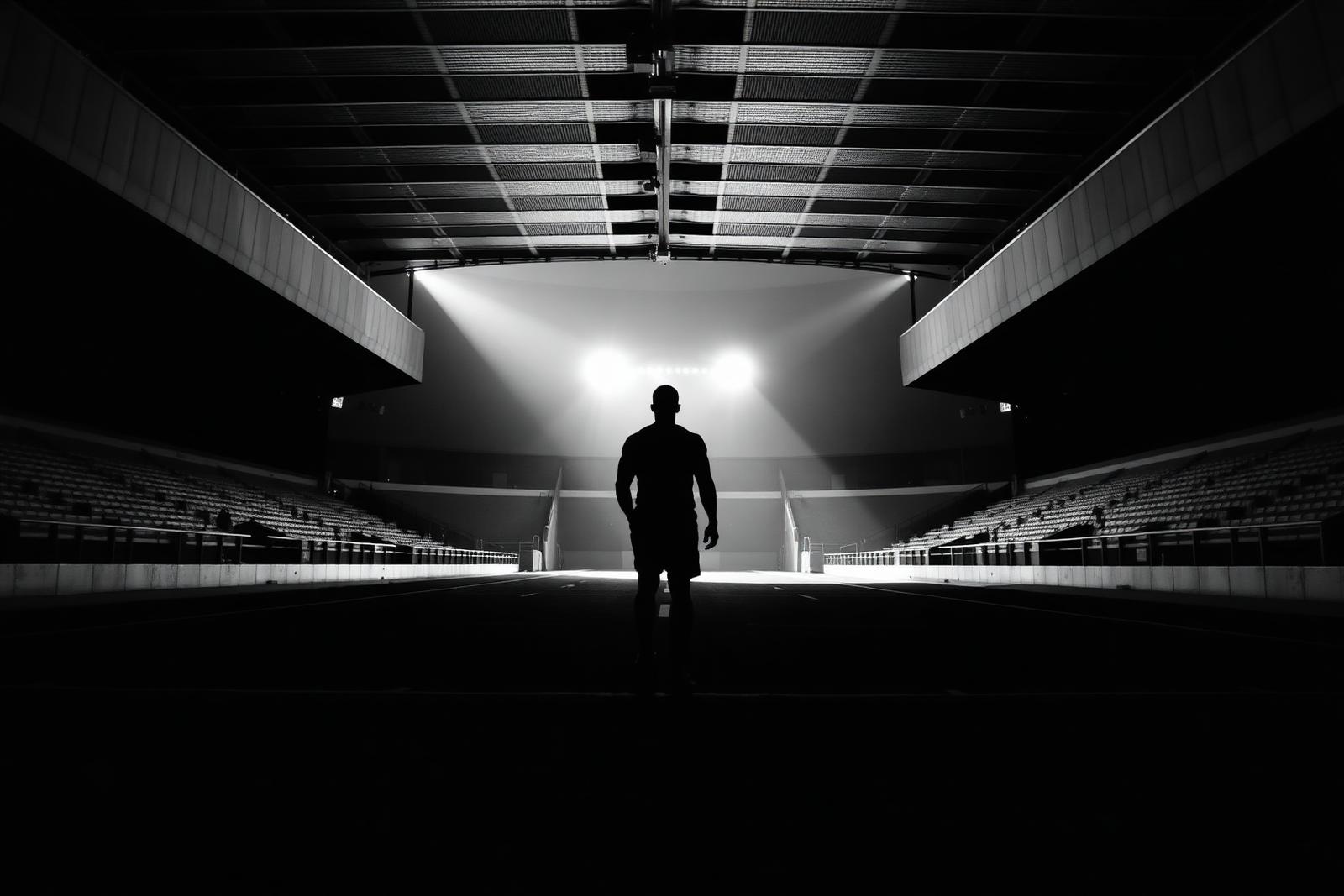 Silhouetted athlete walking out of a stadium tunnel into bright light