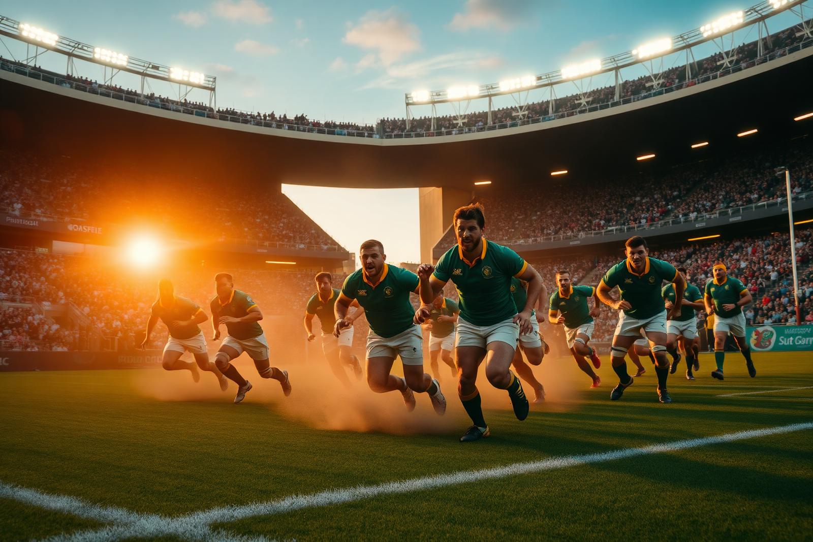 Springbok rugby players running out at sunset in a packed stadium